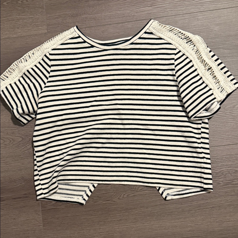 RACHEL Rachel Roy Black and White Striped Tee with Crochet Detail